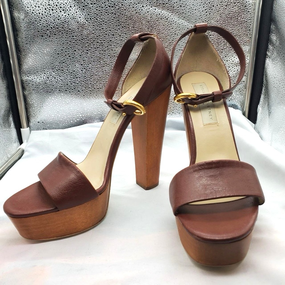 Stella‎ McCartney Women US 9.5 Brown Platform Ankle Strap Heels Wooden Italy